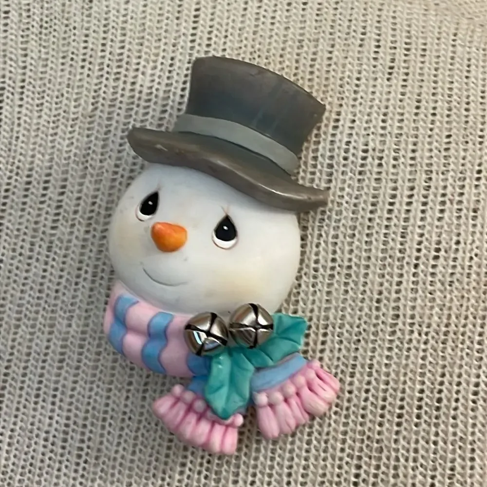 Vintage Precious Moments Snowman Figurine with Pink and Blue Scarf Holiday Pin